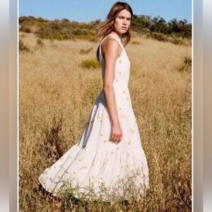 Aritzia Wilfred Effet Dress White Yellow Floral Tiered Maxi Dress‎ Boho Coquette